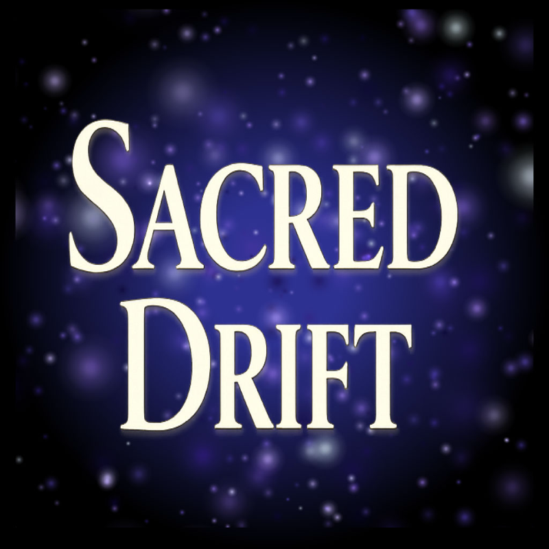 Sacred Drift — bioluminescent particle field with the wordmark glowing across it